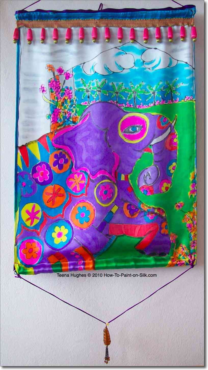 Handpainted silk Maharajah's Garden featuring a painted elephant by Teena Hughes, silk artist / textile designer Handpainted silk Maharajah's Garden featuring a painted elephant by Teena Hughes