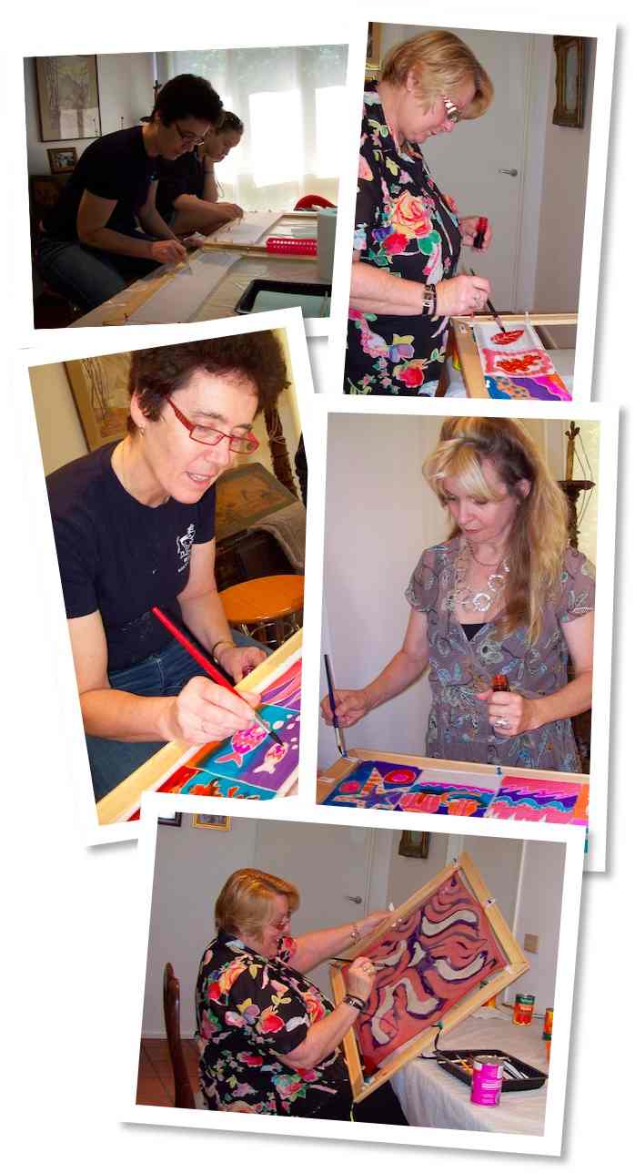 Silk painting in Melbourne - all students' hand-painted silk scarves - Workshop with Teena Hughes Silk painting in Melbourne - all students' hand-painted silk scarves - Workshop with Teena Hughes